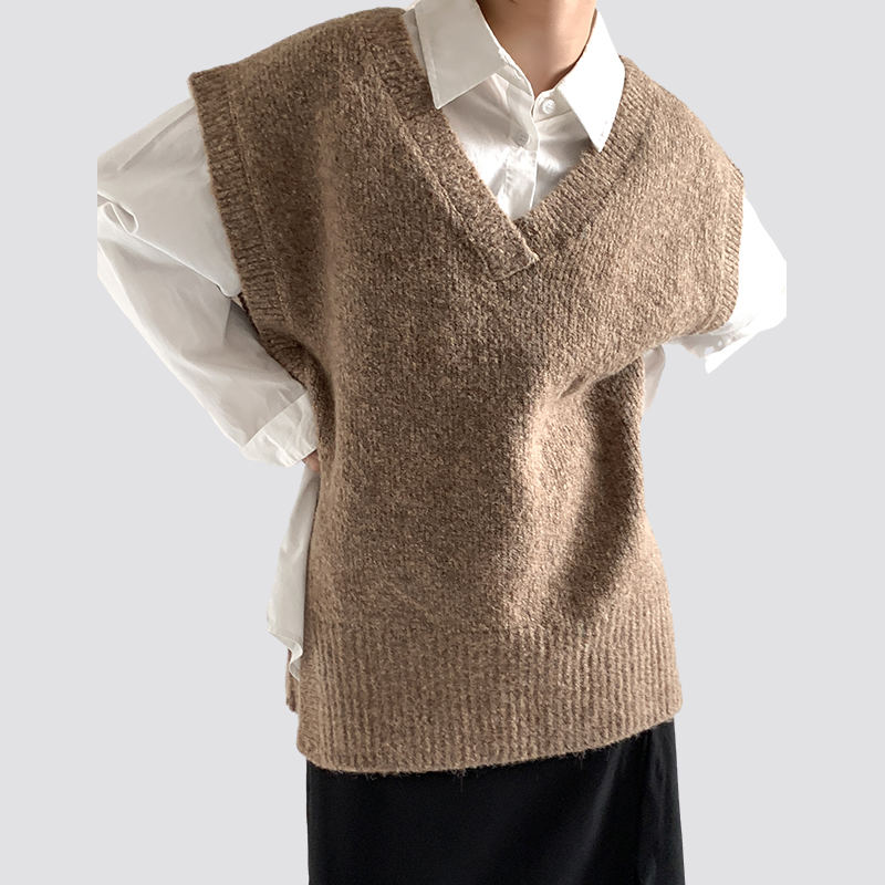 Dam V-ringad Khaki Lös Pullover Stickad Tröja Linne